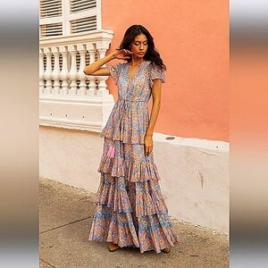 NWT Miss June Paris Long Dress Anakarina OS Gold Blue Orange Pink Yellow Dress